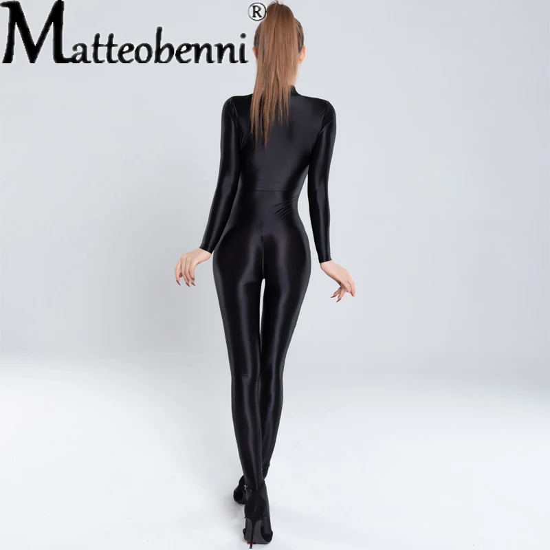 Oily Glossy Elastic Tights Zipper Open Crotch Full Body Jumpsuits Sexy See Through Lingerie Women Smooth Allure Bodycon Catsuit