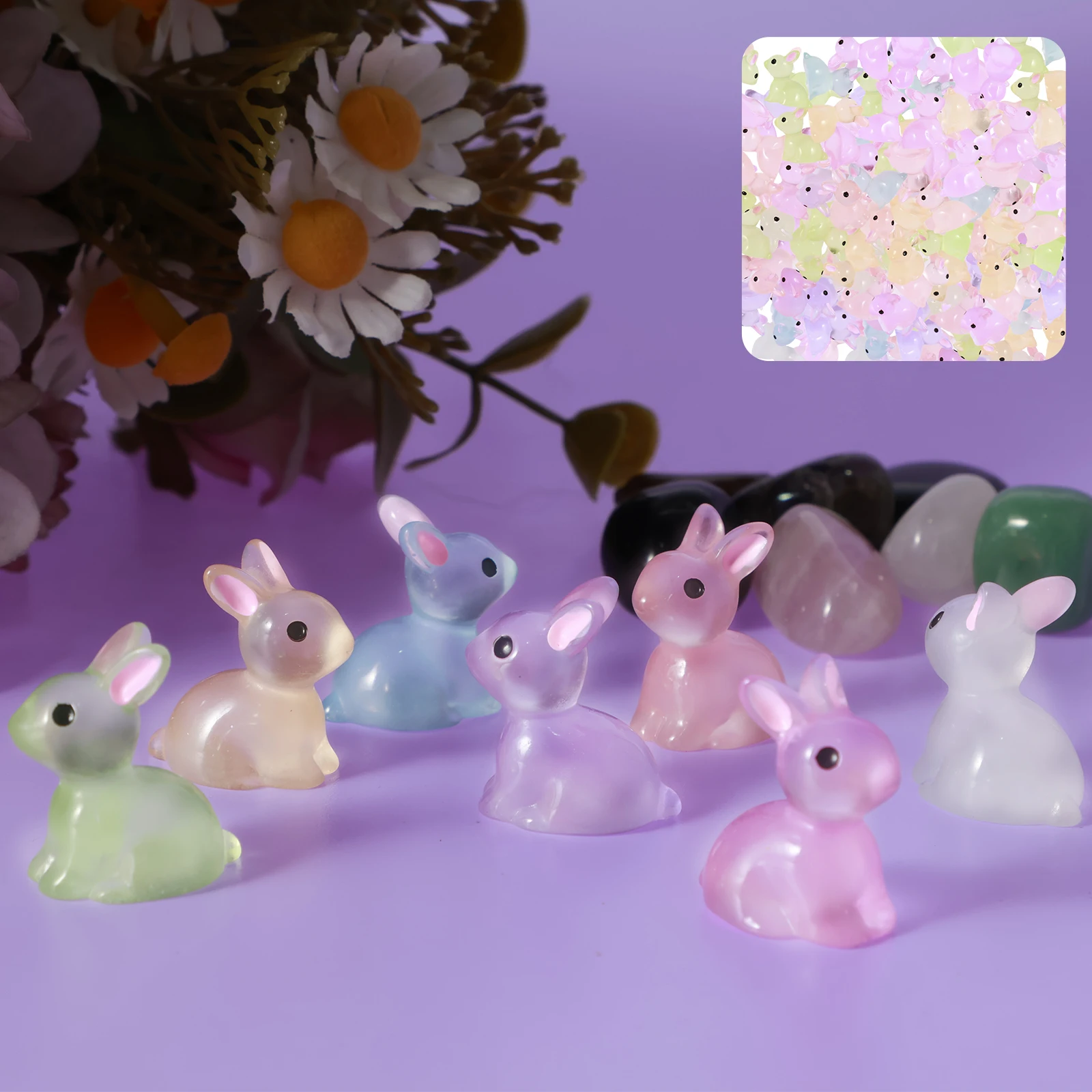 

200Pcs Mini Resin Luminous Rabbit Luminous Mini Resin Bunny 7 Color Miniature Rabbit Figurines Glow in the Dark Garden Miniature