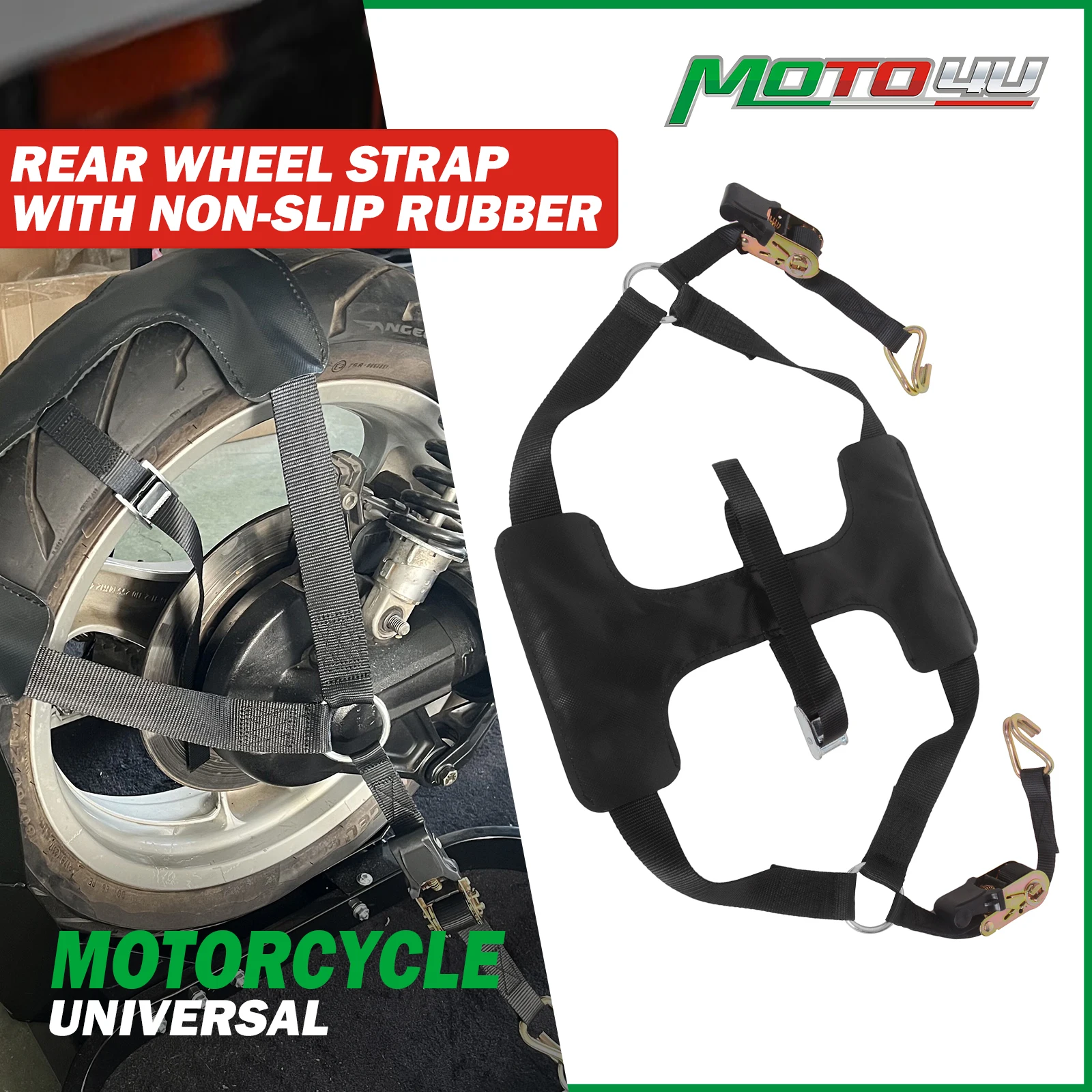 New Motorcycle Rear Tire Sling Ratcheting Tie Down Heavy Duty Black Strap With Ratchets Non-slip Rubber