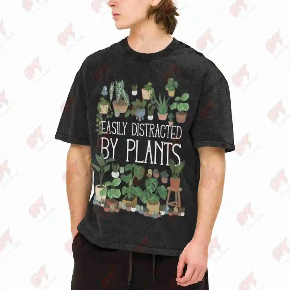 Easily Distracted By Plants Vintage Washed Tee Pure Cotton T-Shirt