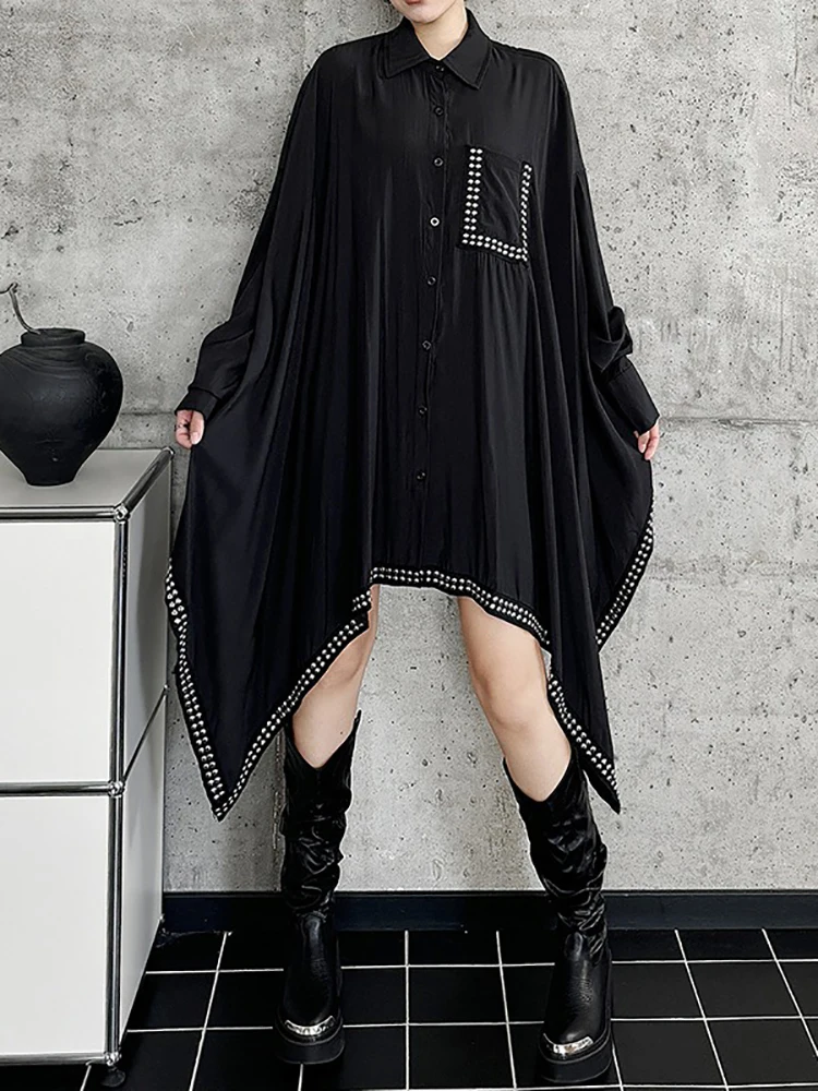 XITAO Asymmetrical Rivet Single Breasted Shirt Dresses Turn-down Collar Batwing Sleeve Loose Fashion Dress 2024 Autumn LJ1017