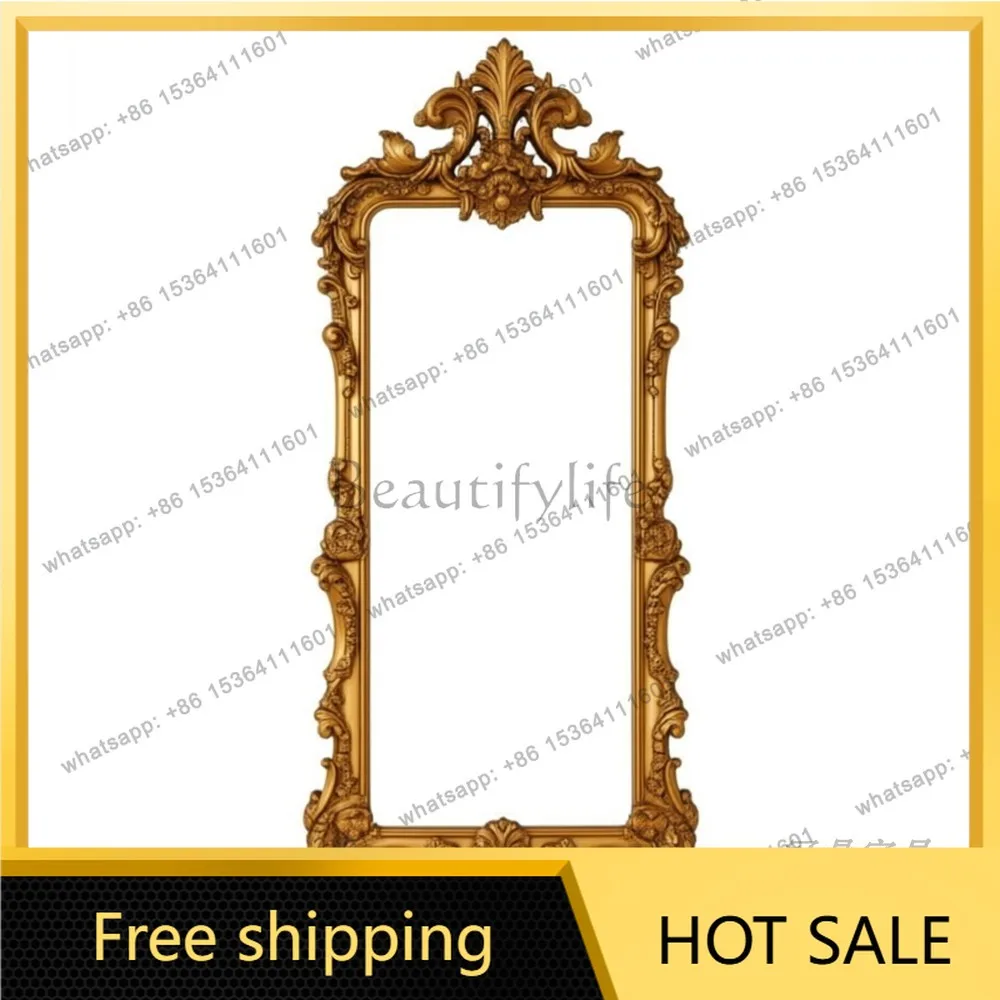 YJ French Retro American Mid-century Carved Full Length Mirror Luxury Wall Leaning Floor Mirror For Living Room Entryway Decor