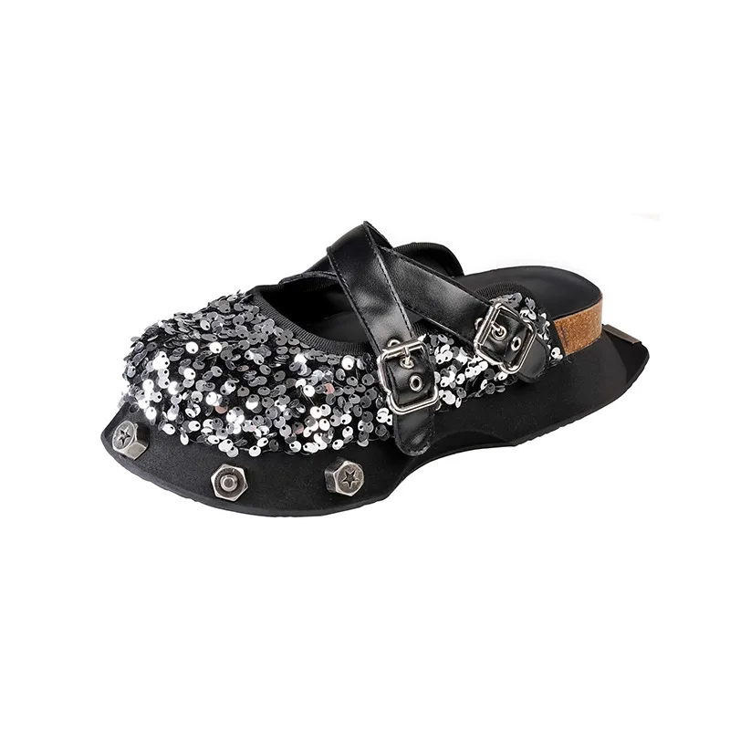 Women Slippers Flats Thick Bottom Sequin Rivets Platform Mules Basic Close Toe Outdoor Luxury Designers Black Punk Brand Shoes