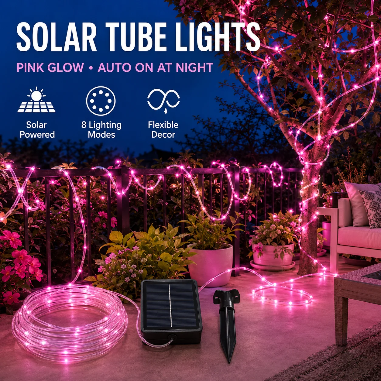 2pcs  Solar LED Tube Rope Lights 8 Flashing Modes 7M-22M 50-200LED 6 Colors for Garden Patio Christmas Party Decor