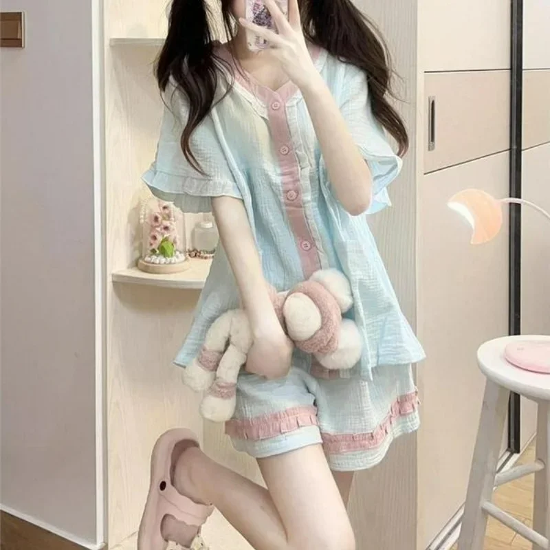 Ins Stil Pyjama Mädchen Sommer Weiche Neue Süße Einfache Tag Nette Rüschen Kurzarm Hause Kleid Set Cherryspoon Einfachheit Nachtwäsche