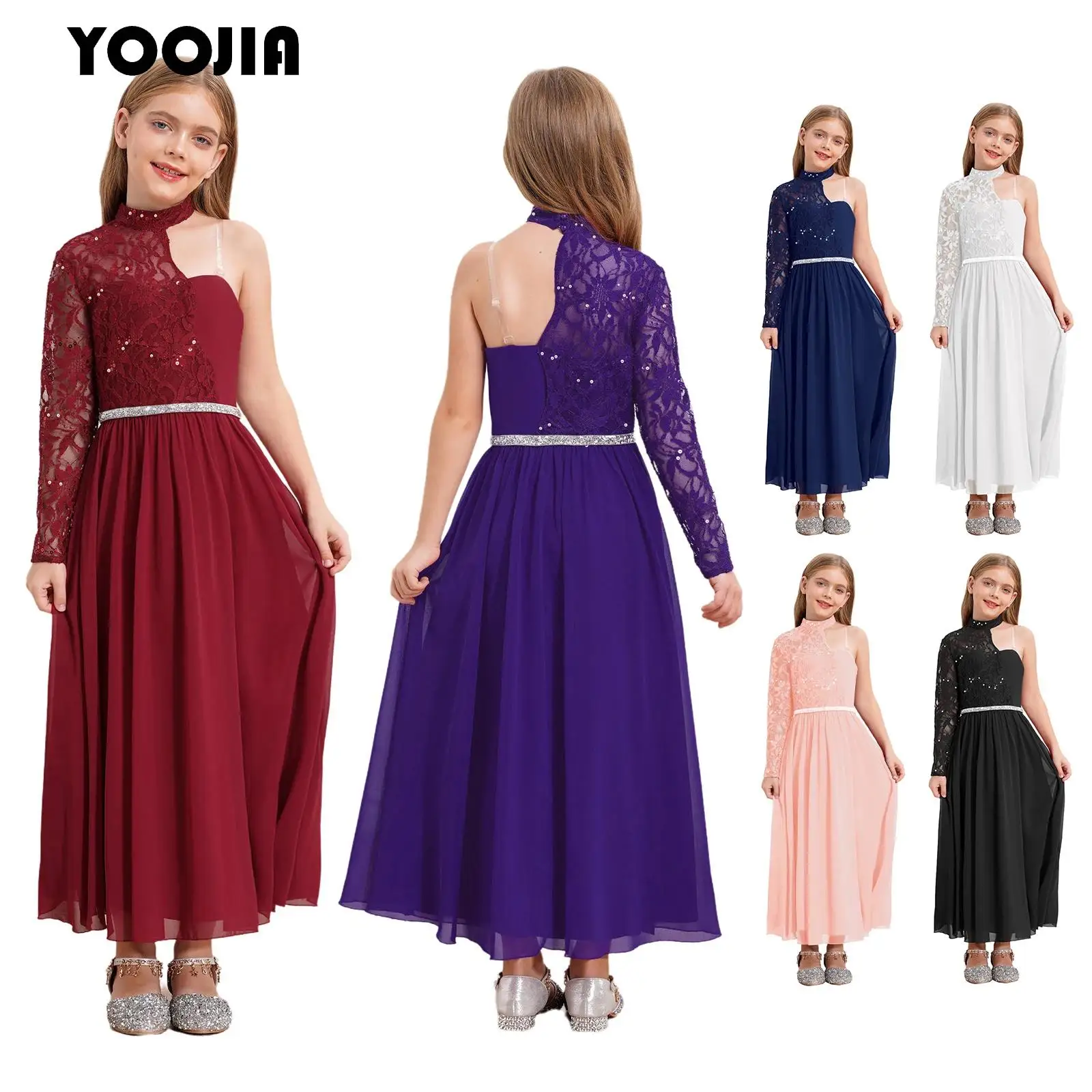 

One Shoulder Lace Sleeve Girls Flower Wedding Evening Party Ball Gown Dress Elegant Embroidery Chiffon Junior Bridesmaid Dress