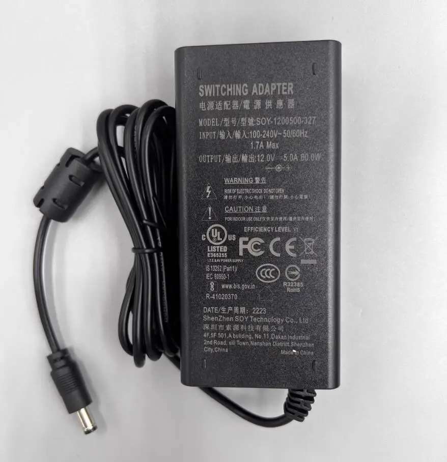 Original SOY 12V 5A 60W AC DC Adapter Charger SUN-1200500 for Msi OPTIX AG32CQ MAG27CQ MAG271R MONITOR AG32C D16HS2TB LHV221600