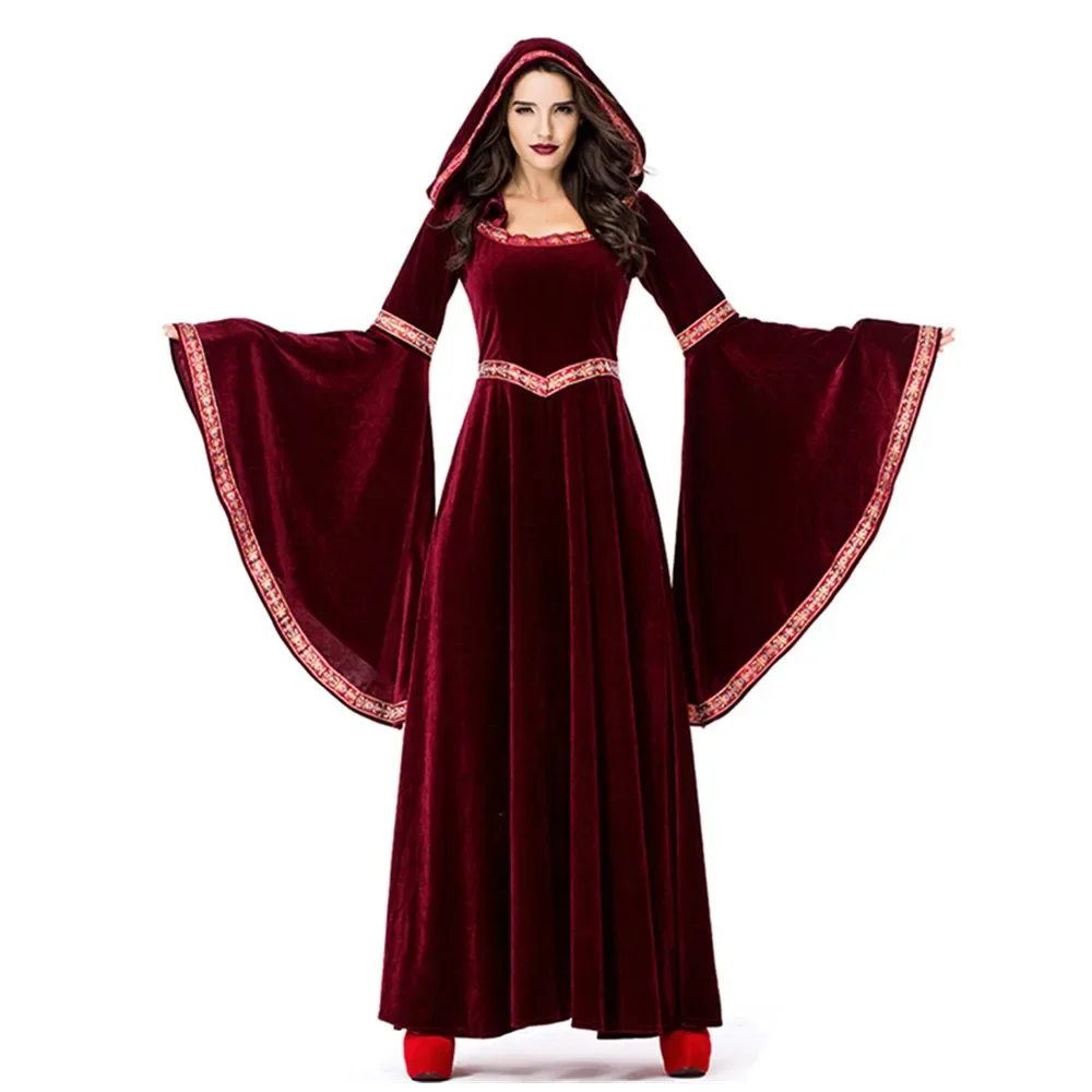 

Women Halloween Scary Queen Vampire Costume Retro Court Dress Medieval Victorian Masquerade Velvet Cosplay Vintage Hooded Gown