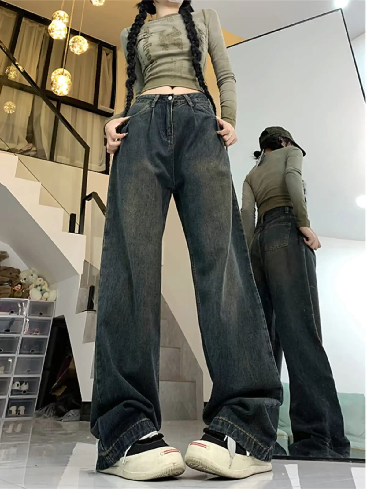 

Прямые джинсы больших размеров, женские модные свободные утягивающие широкие брюки с высокой талией, длинные брюки из джинсовой ткани