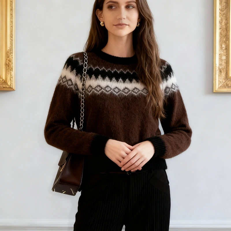 أنيقة س الرقبة سترة مشغولة من الصوف المرأة عادية كم طويل محبوك قمة الخريف مكتب سيدة سترة سترة Oldmoney نمط الملابس #1