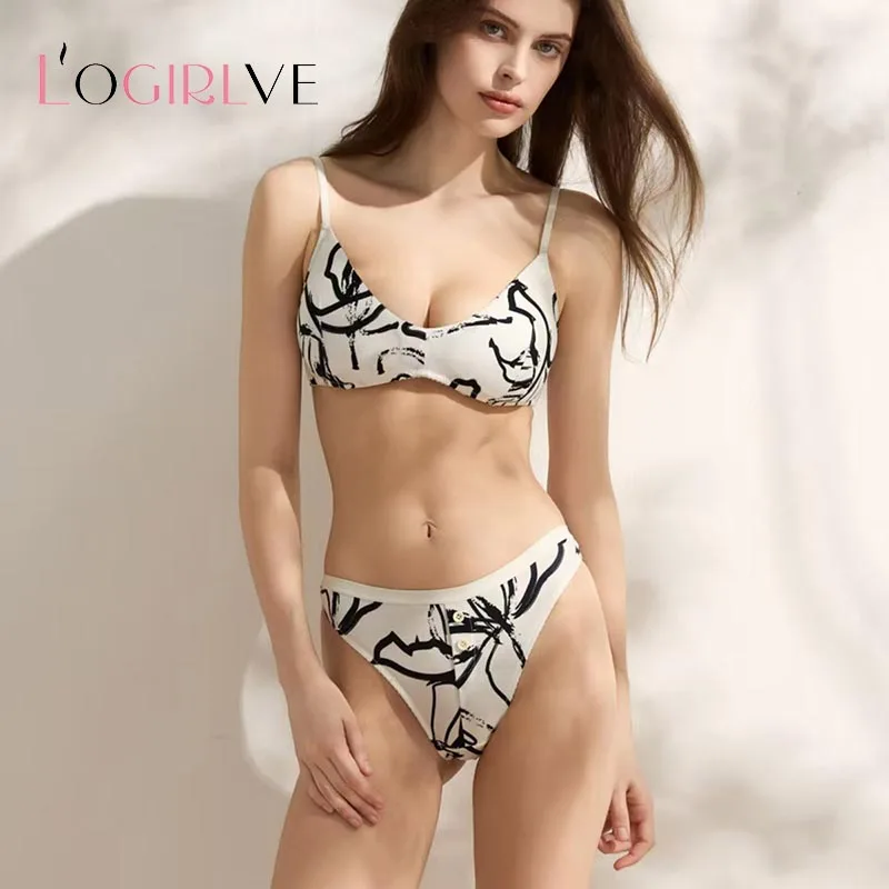 French Print Triangle Cup Underwear Sexy Seamless Triangle Cup Bra Set Deep V Comfort Brassiere High Quality Lingerie Sets