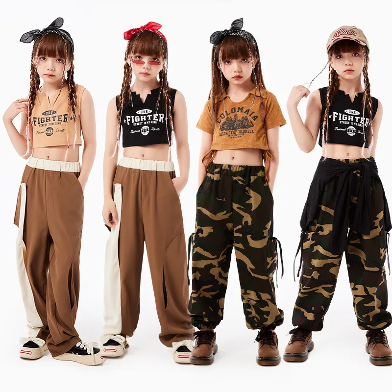 Girls Jazz Dance Clothing Summer Crop Tops Casual Pants Kids Hip Hop Dance Costume Catwalk Stage Performance Kpop Suit BL11235