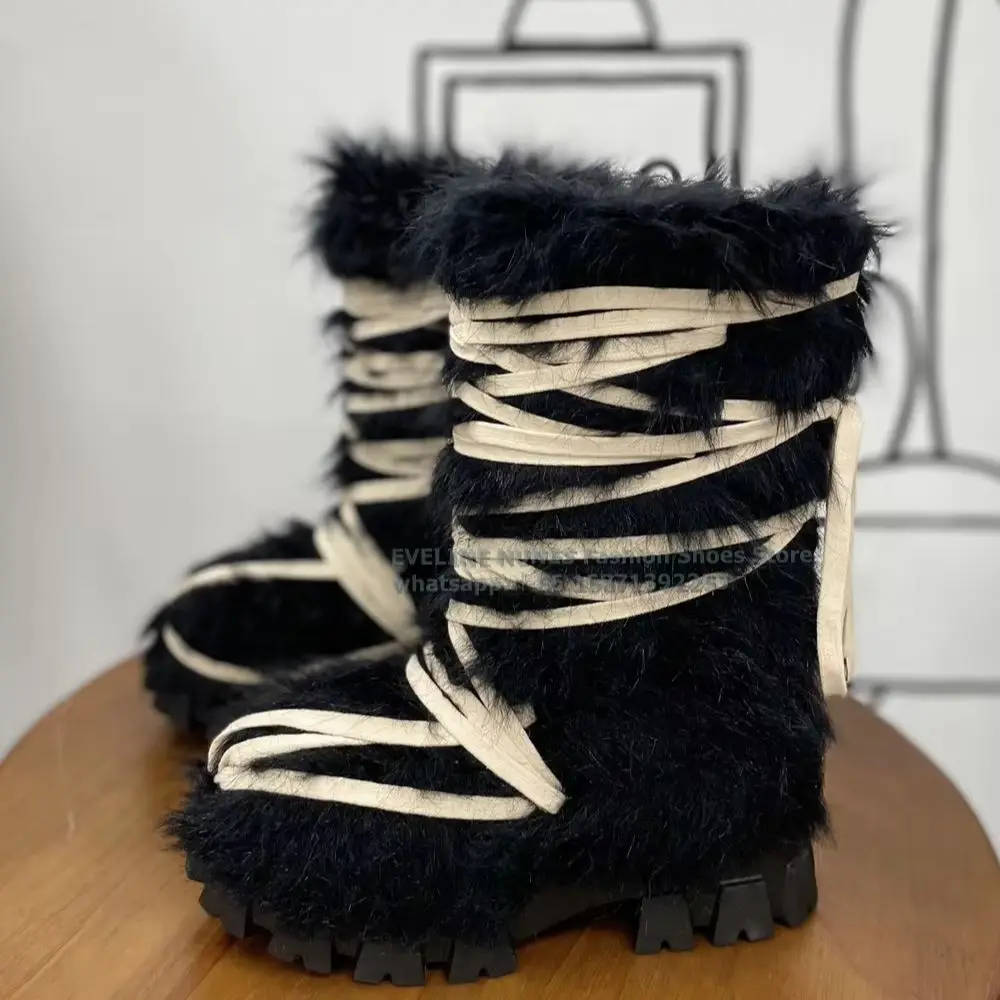 Cross Tied Furry Fur Mid-Calf Boots Round Toe Thick Sole Bicolor Patchwork Warm Women Snow Boots Causal 2024 Newest Winter Trend