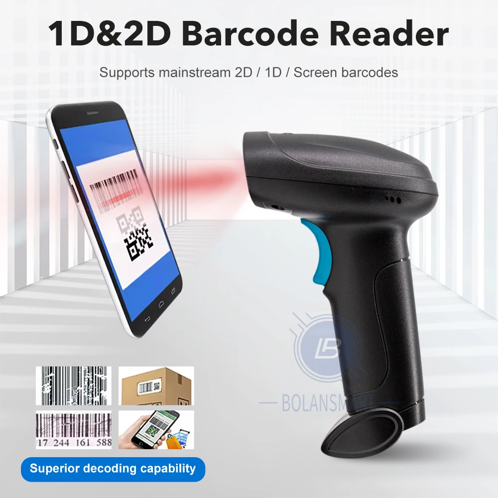 Wired Barcode Scanner sem fio, Bluetooth Bar Code Reader, Omni-Direcional Scanning para Supermercado, Produtos Logística, 1D, 2D