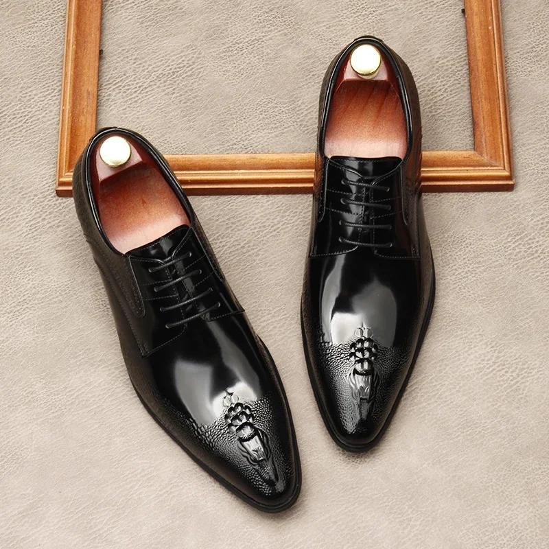 Luxury Patent Leather Mens Dress Shoes Fashion Crocodile Pattern Handmade Genuine Leather British Style Wedding Party Shoes Man