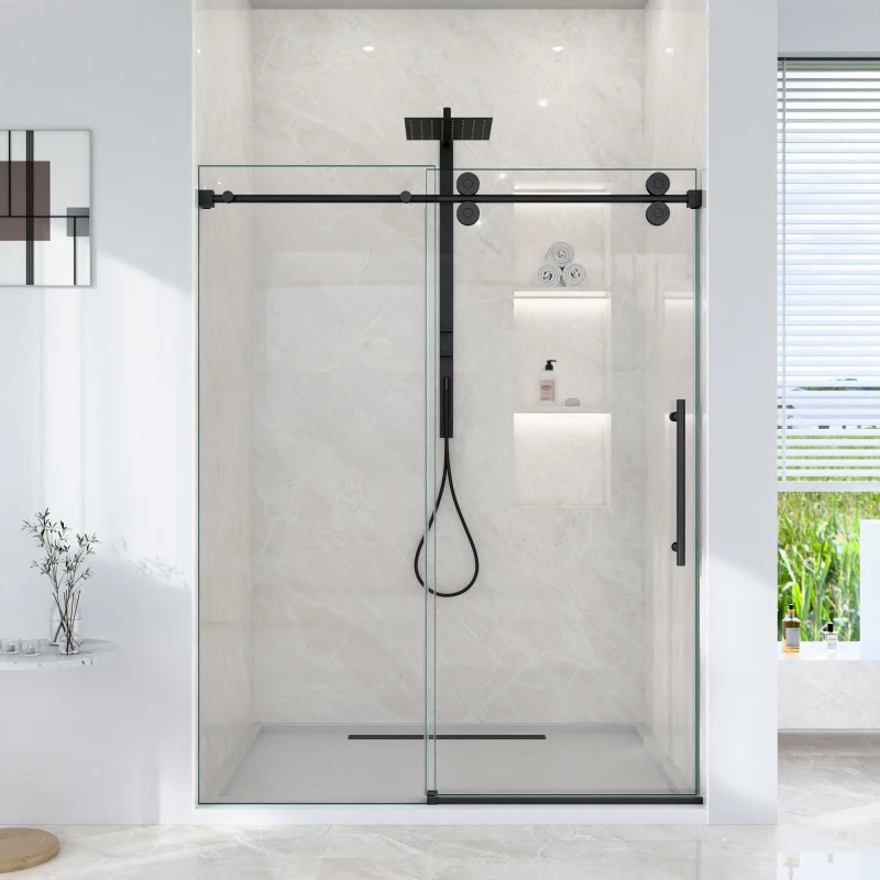 

44"-48"W*76" H Frameless Single Sliding Shower Door – 5/16" (8mm) Clear Tempered Glass, Bypass Design with Matte Black Finish