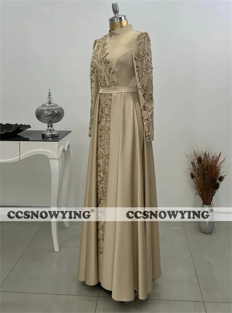 Appliques Beaded Satin Muslim Evening Dresses Islamic Long Sleeve Hijab Women Formal Party Gowns Arabic Dubai Robes De Soirée