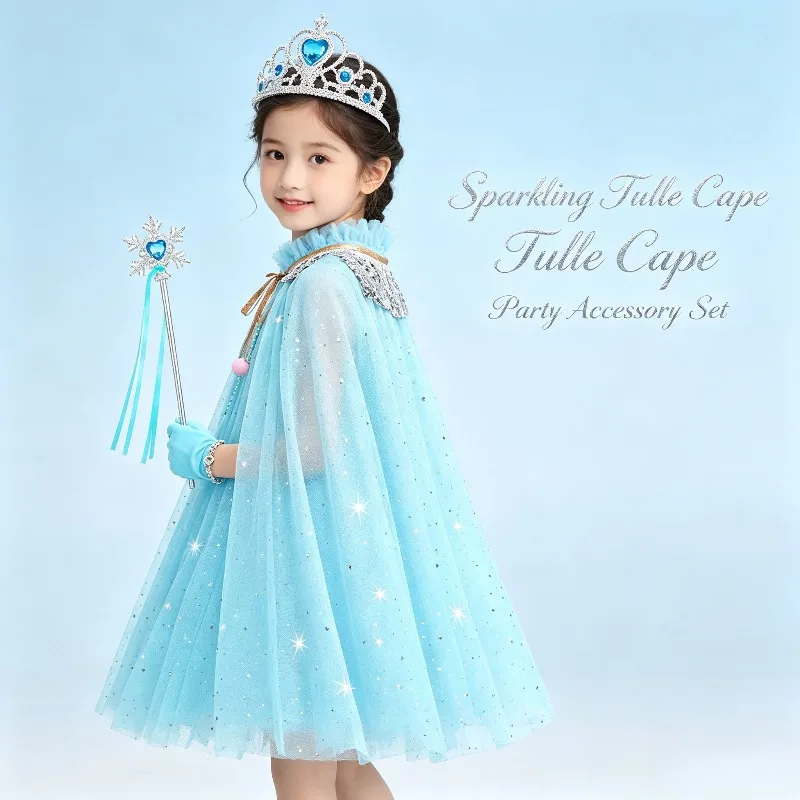 Pink Cloak Cape Set 11Pcs Princess Cloak Crown Heart Necklace Ring Jewelry Kit Elegant Tulle Dress Up Performance Accessory Gift