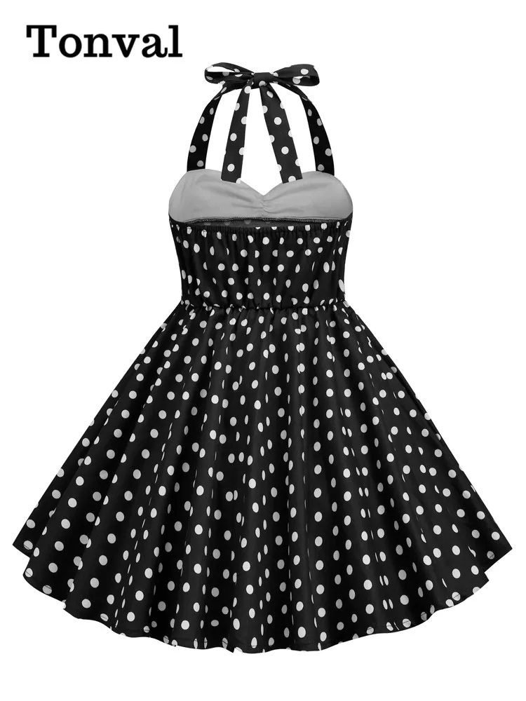 Tonval Sweetheart Neck Halter Fit and Flare Party Girls Clothes Summer Polka Dot Pleated Daughter Vintage Dress for Kids