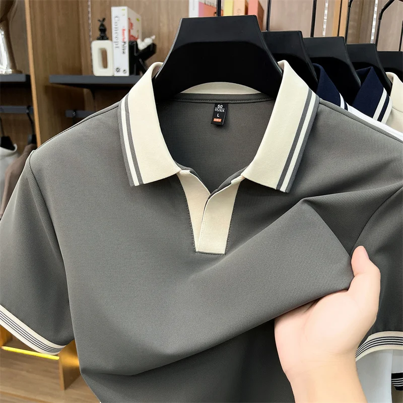 High quality ice silk short sleeve polo shirt summer breathable men new fashion personality color blocked scissors neck T-shirt
