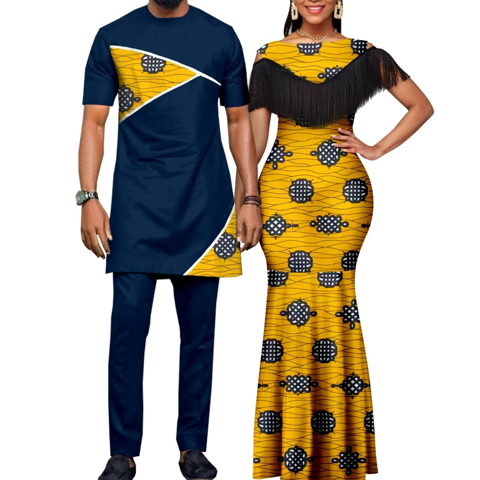 African Couple Matching Clothes for Wedding Women Slim Mermaid Dress Bazin Riche Men Outfits Shirt and Pant Sets Party Vestidos