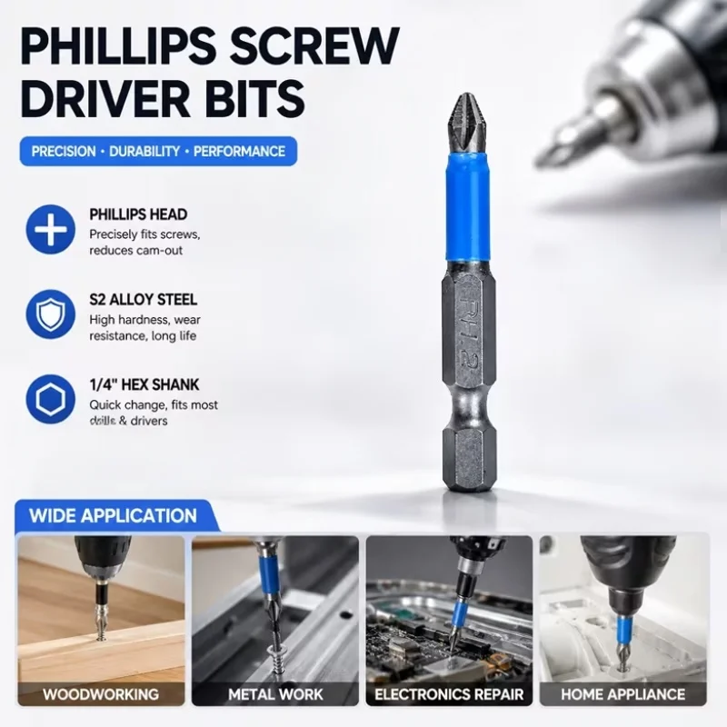 6-piece magnetic anti slip screwdriver head set, S2 steel electric screwdriver nozzle cross cape (PH1 PZ1 PH2 PZ2 PH3 PZ3)