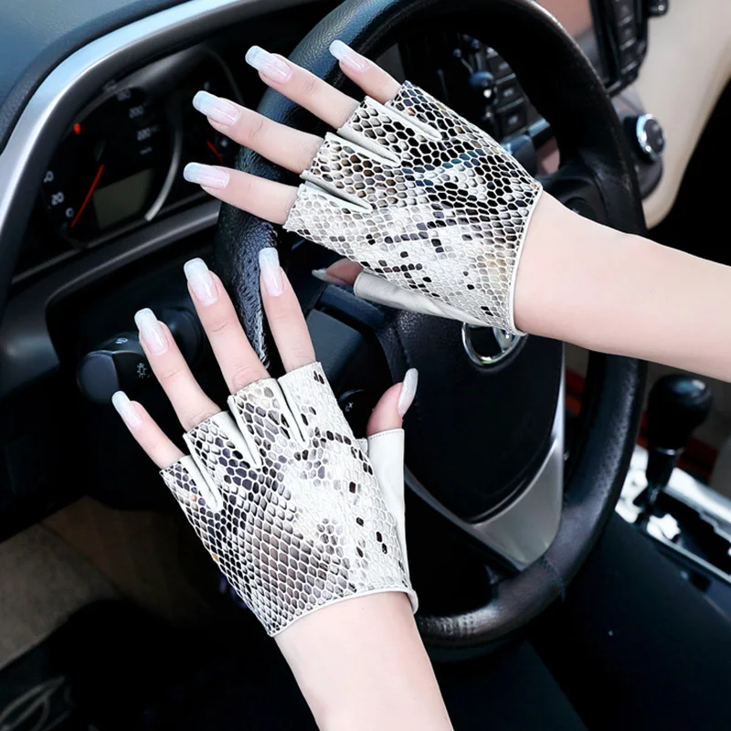 Fashion Snakeskin Leopard Half Finger Genuine Leather Gloves Female Dark Lolita Punk Girl Riding Rock Driving Mittens K92