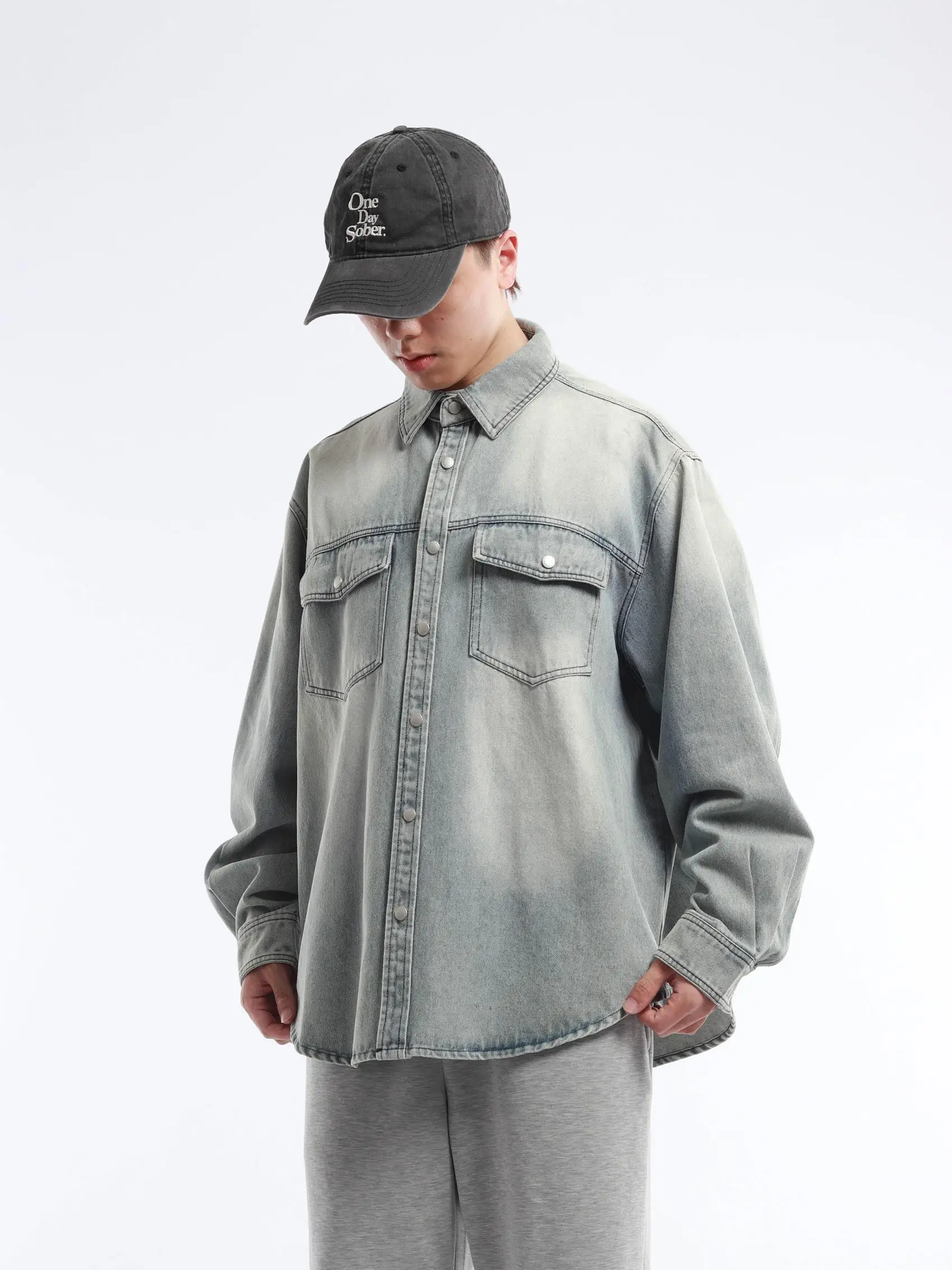 Retro Washed Blue Denim Shirt Men's Loose Casual Jacket Autumn Outerwear Double Pocket Turn-down Collar Vintage Style Cotton ...