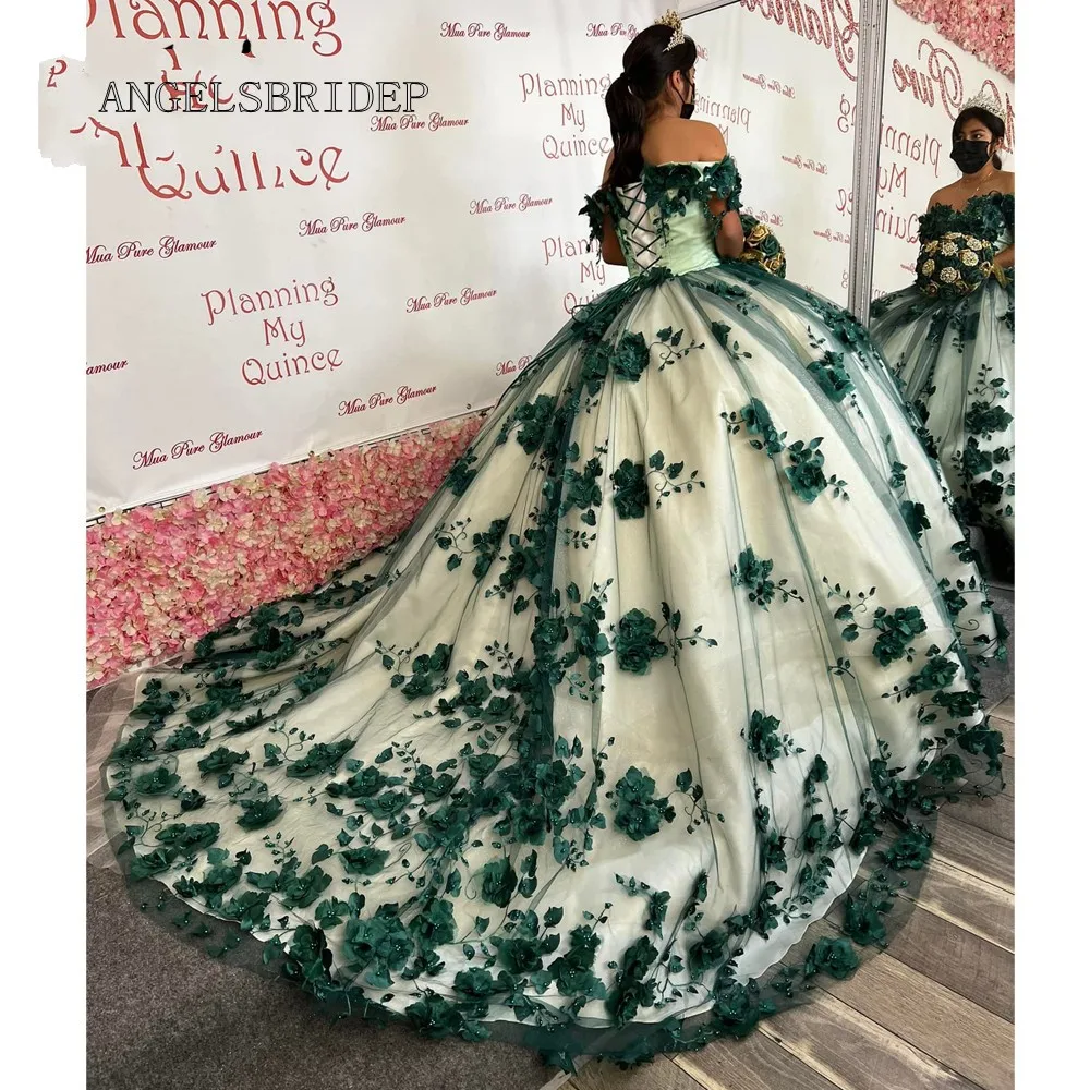 ANGELSBRIDEP 3D ดอกไม้สีเขียวเข้มชุดไปงานเต้นรำ Quinceanera ชุด Applique 15ปีสาวชุด Vestidos De 15ปี