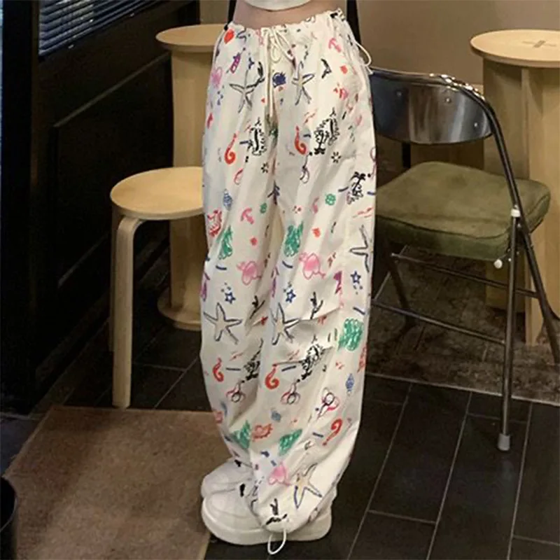 American Retro Summer 2024 Women New High Waiste Fashion High Street Hip-Hop Fun Graffiti Print Cargo Pants Loose Casual Pants