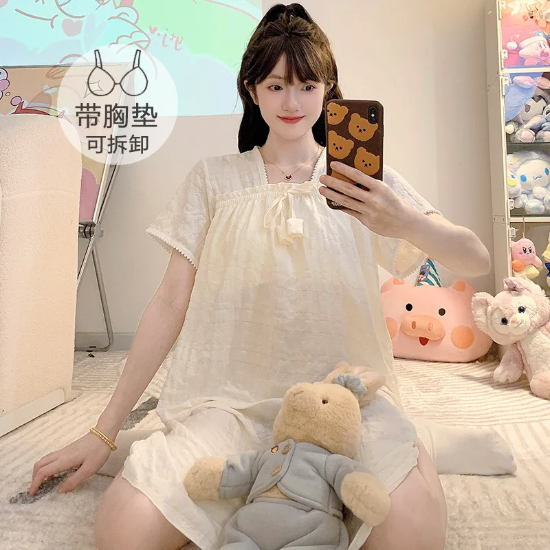 Women Plus Size Nightdress with Chest Pad Solid Cloud Cotton Pajamas Dress Summer Short Sleeved Loose Maternity Mid Home Clothes