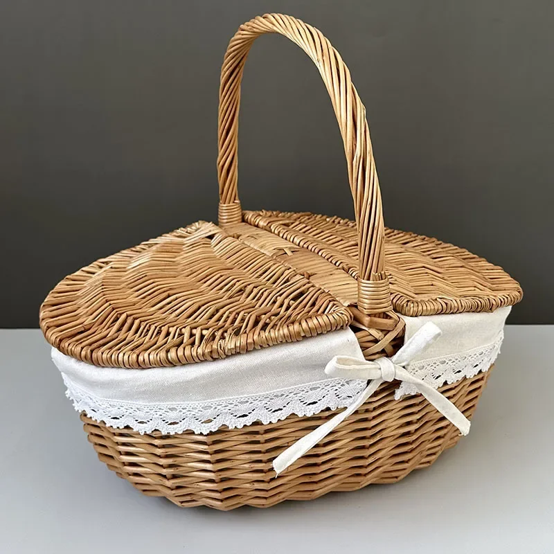 

Picnic Basket with Cover Folding Handheld Basket Weaving Fruit Picking Vine Weaving Storage