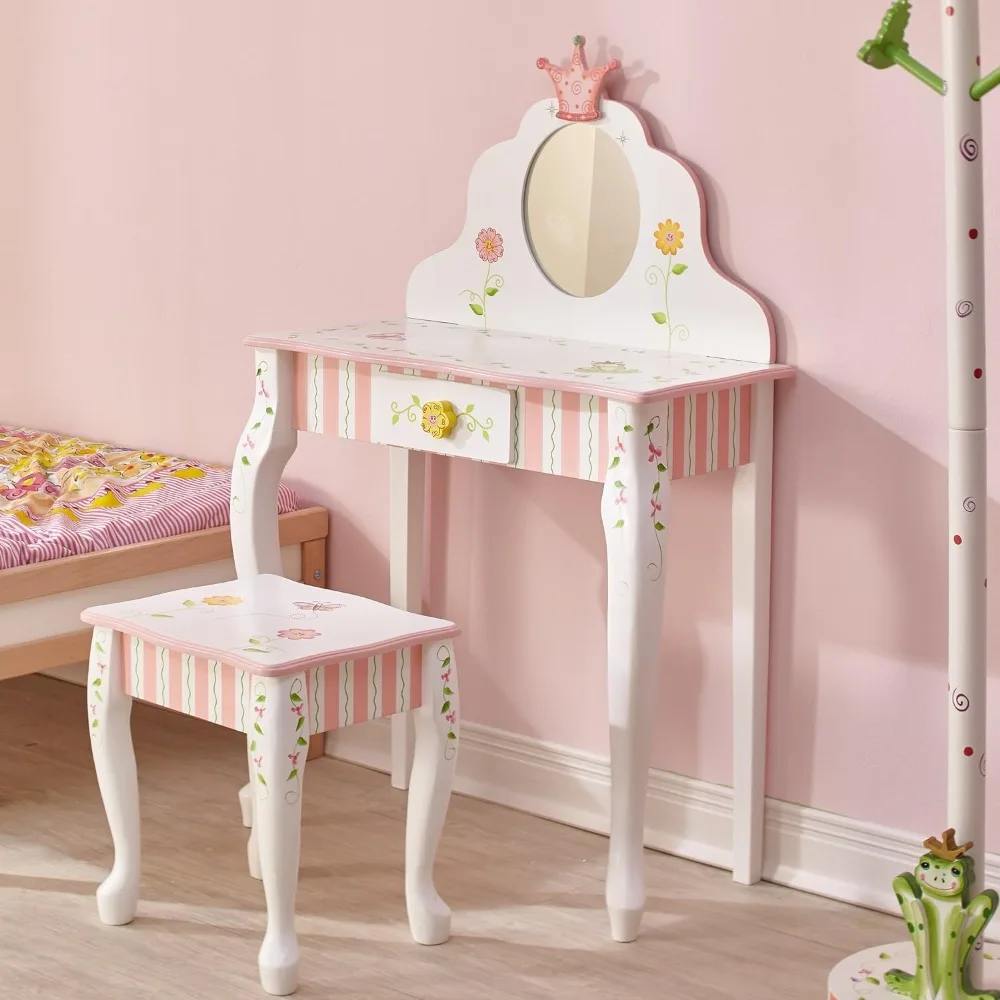 Fantasy Fields - Princess & Frog Kids Vanity Table and Stool Set , 1 Drawer, Gift for Kids, White Pink, Crown Makeup Dresser