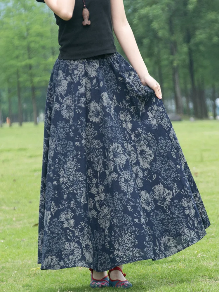 

TIYIHAILEY Printed Flowers Long Maxi Elastic Waist Skirt With Pockets A-line Summer Spring 2026 New Ladies Spring Skirts