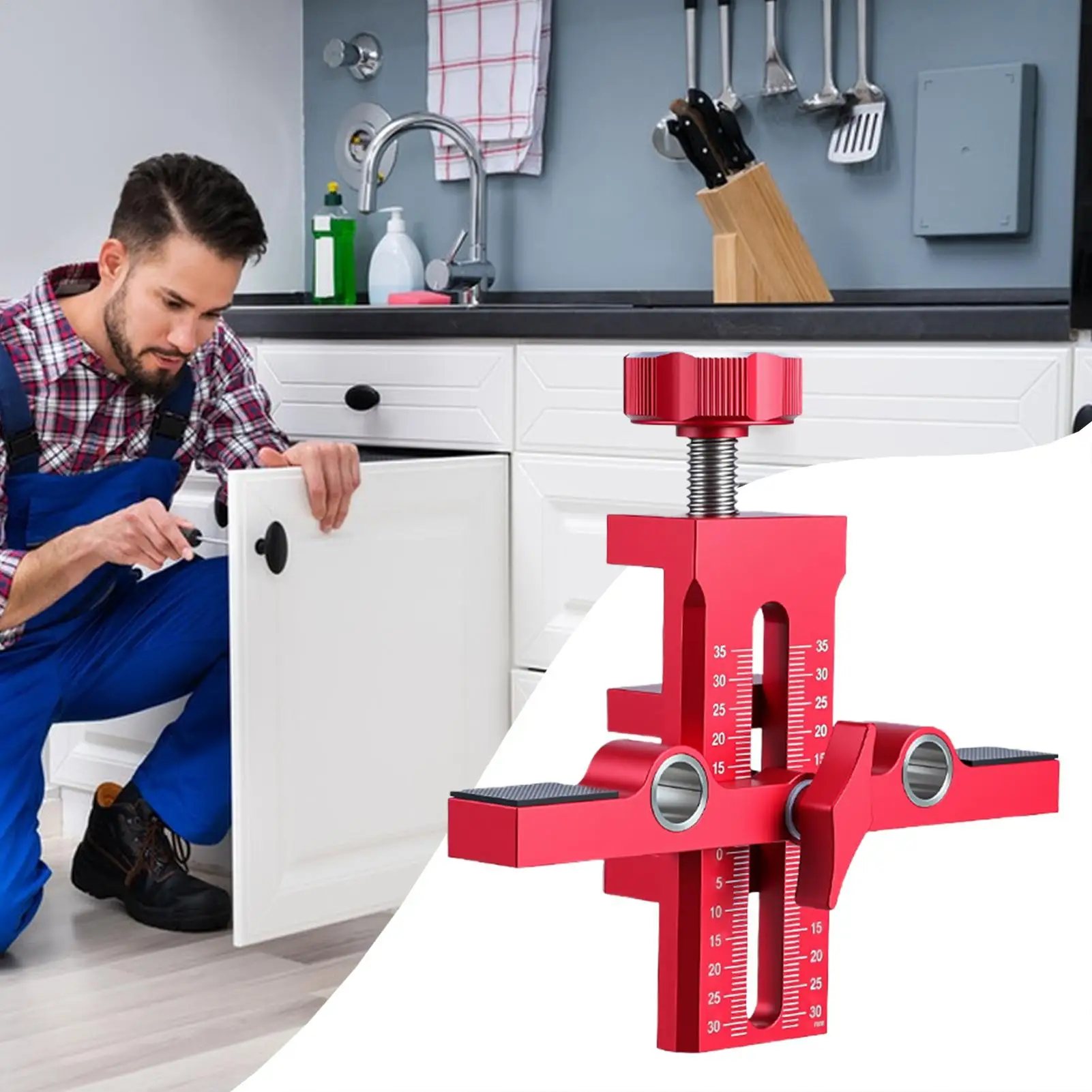 

Cabinet Door Installation Tool Double-Hole Alignment with Adjustable Positioner Cabinet Door Positioning Support for Home Office