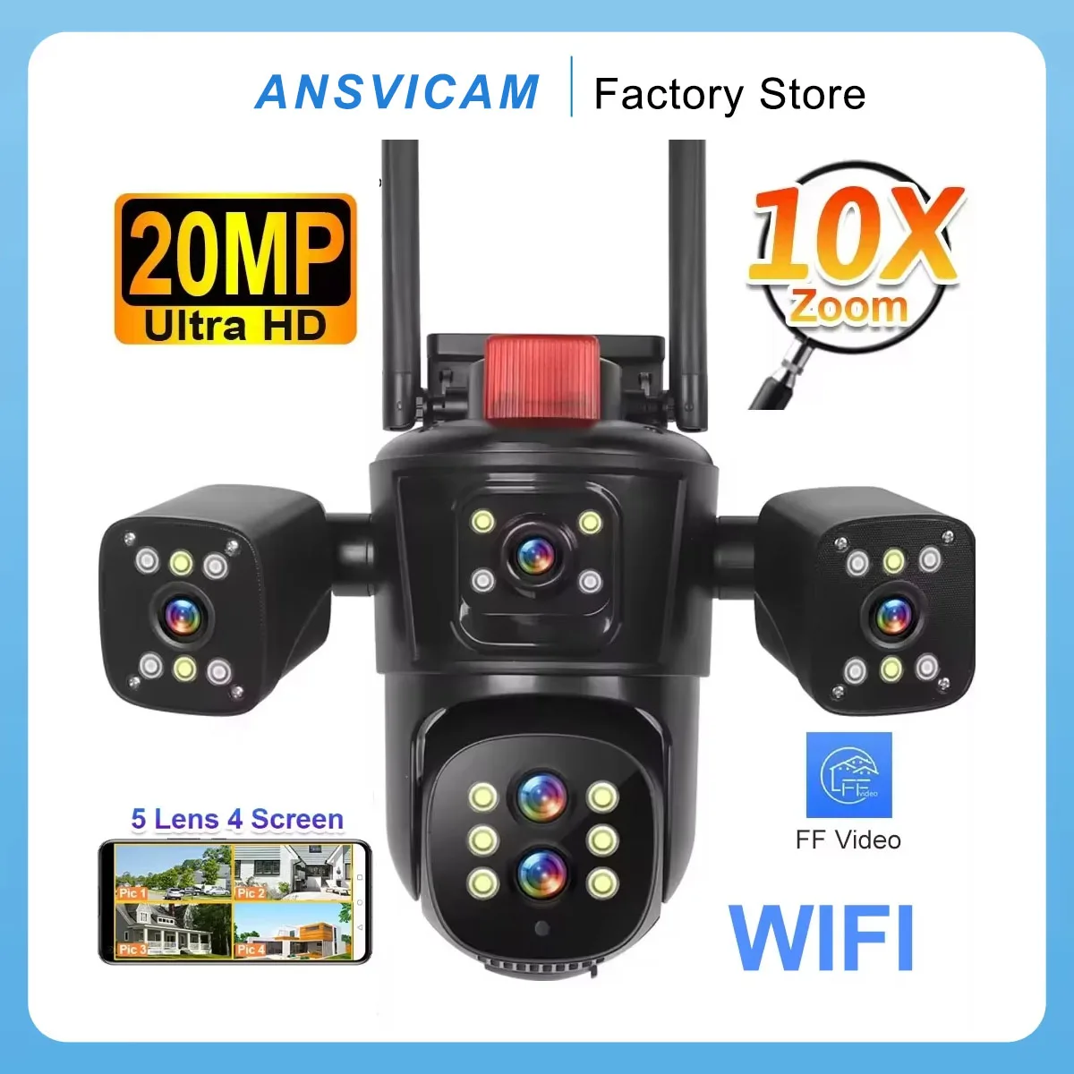 

20MP WiFi IP Camera - Wireless Outdoor, 10X Optical Zoom, Four Screens, Five-Lens PTZ, Auto Tracking, Waterproof CCTV Camera