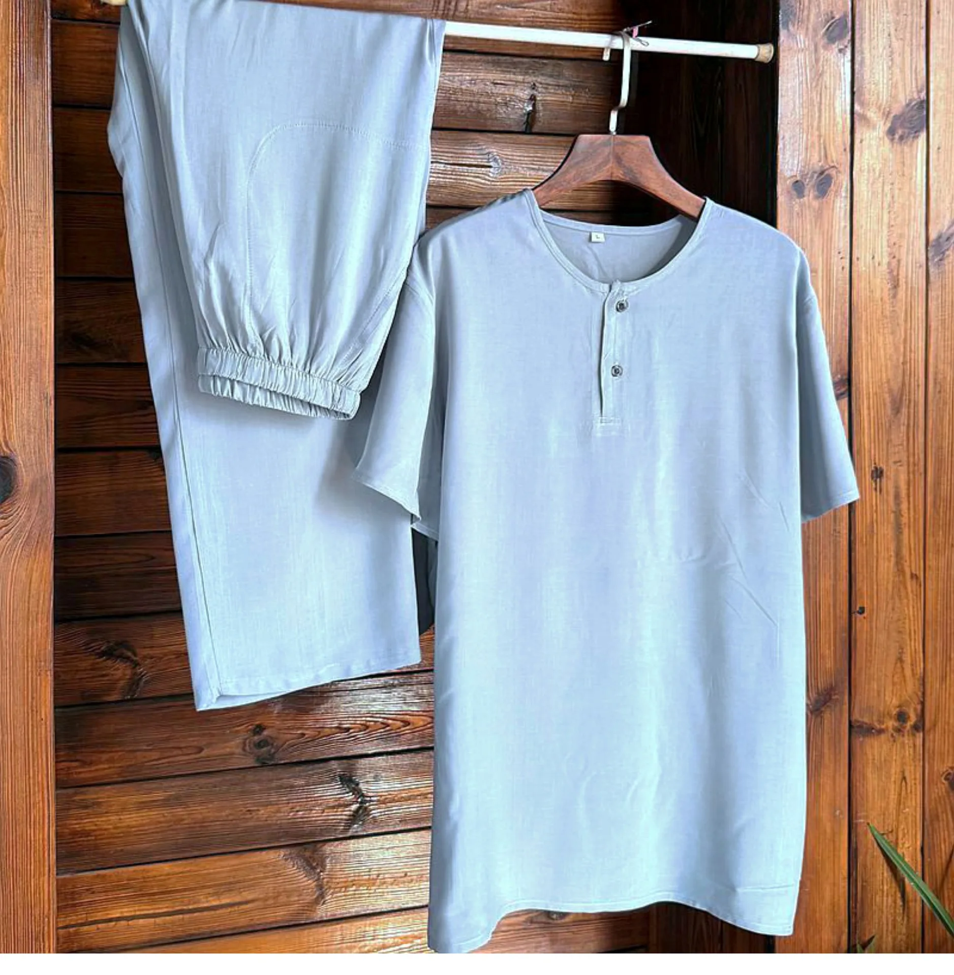 2 Pcs/Set Summer Pajamas For Men Nightwear Pijama Loose Pajama Top And Pants Sleepwear Thin Short-Sleeved Home Wear