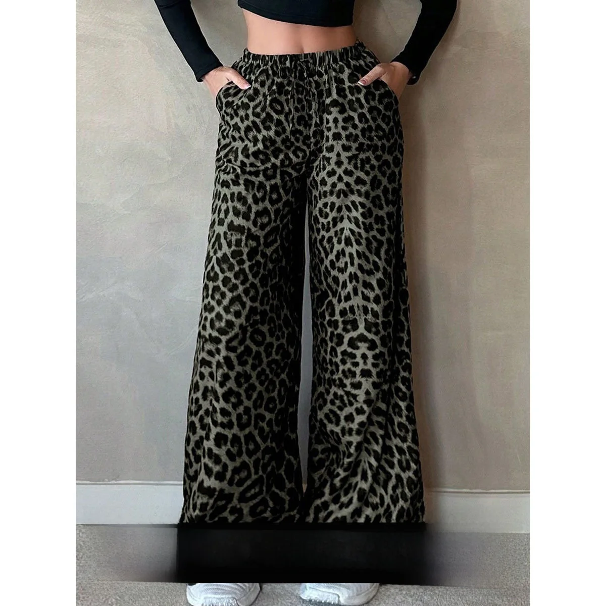 

Женские повседневные брюки с высокой талией и широкими штанинами, свободного кроя, на все сезоны, с леопардовым принтом, универсальные, струящиеся, длинные