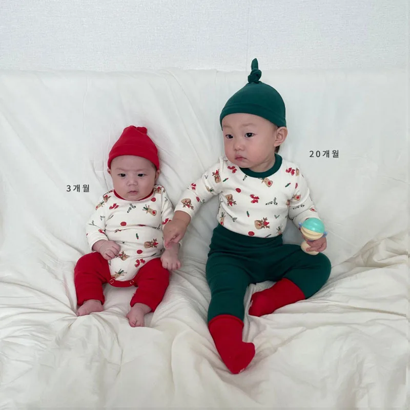 MILANCEL Christmas Baby Clothes Infant Elk Print Bodysuit Pants Hat 3Pcs Toddler New Year\'s Homewear Set