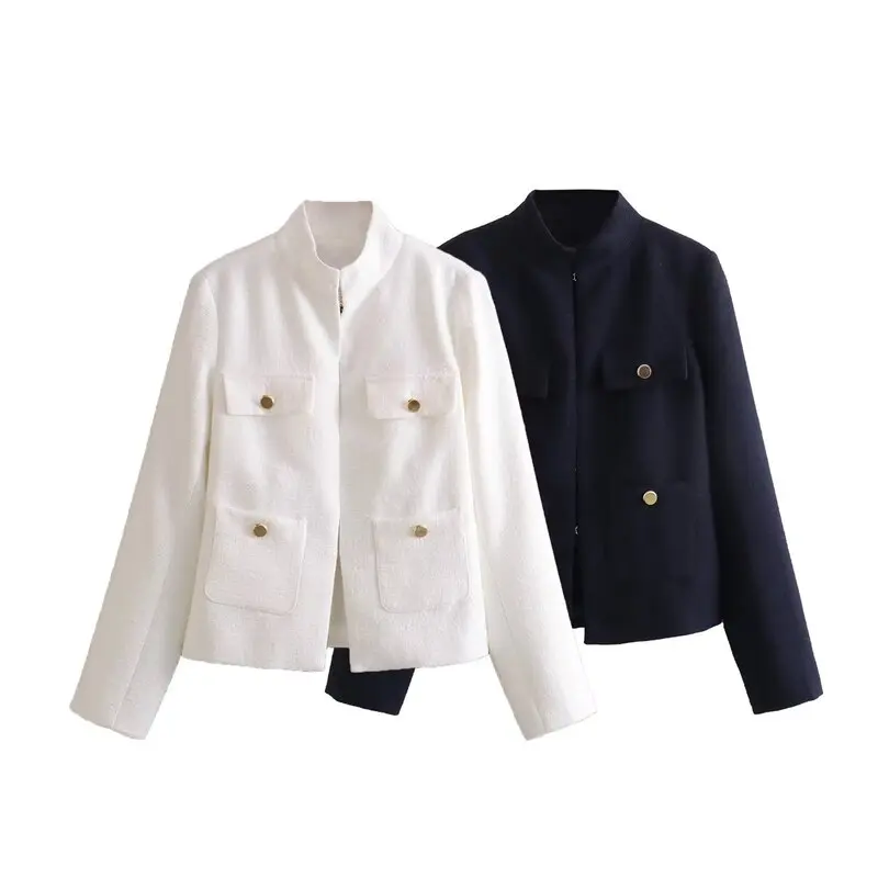 

Fall Faion Slim Fit Long Sve Stand Collar Texture Jaet Women's Ele ort Coat Versatile Sle Straight Cut Design