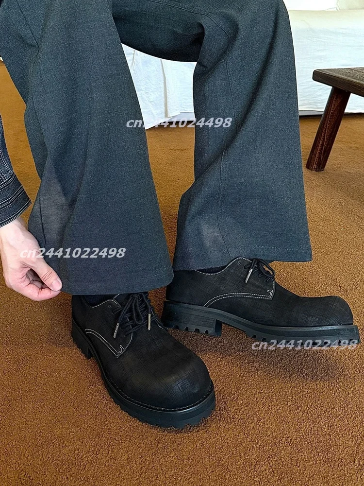 Vintage Distressed Surface Round Toe Lace Up Ankle Shoe for Men Black Matte Leather Thick Sole Derby Shoes Fashion Casual Daily