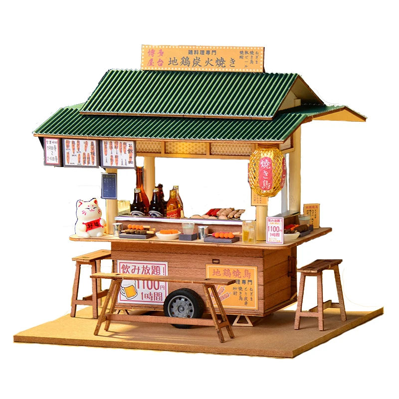 

DIY Wooden Miniature Model Kit Japanese Yatai Yakitori Store Casa 3D Puzzle Dollhouse With Furniture Lights for Friends Gifts