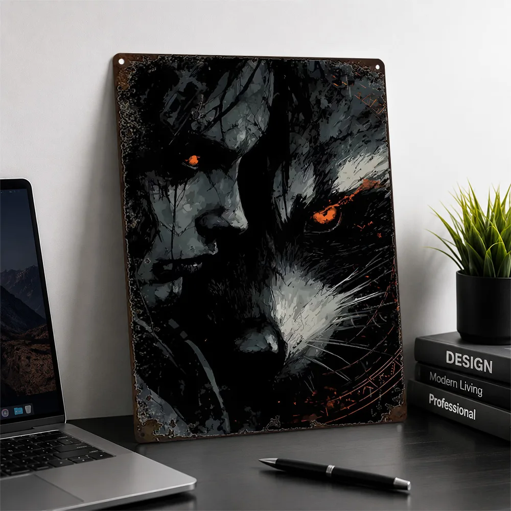 Wolf With Human Face Printed Poster Double Exposure Wall Art For Gaming Room Personalized Aluminum Metal Sign Fantasy Fan Gift