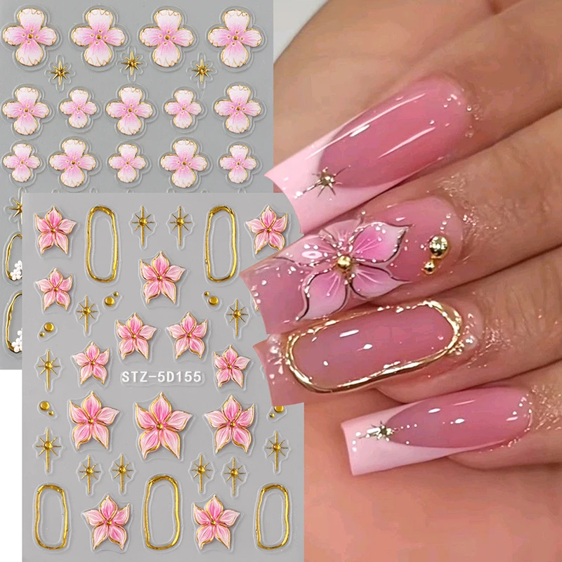 5D Floral Embossed Nail Stickers Elegant Hibiscus Nail Art Decals