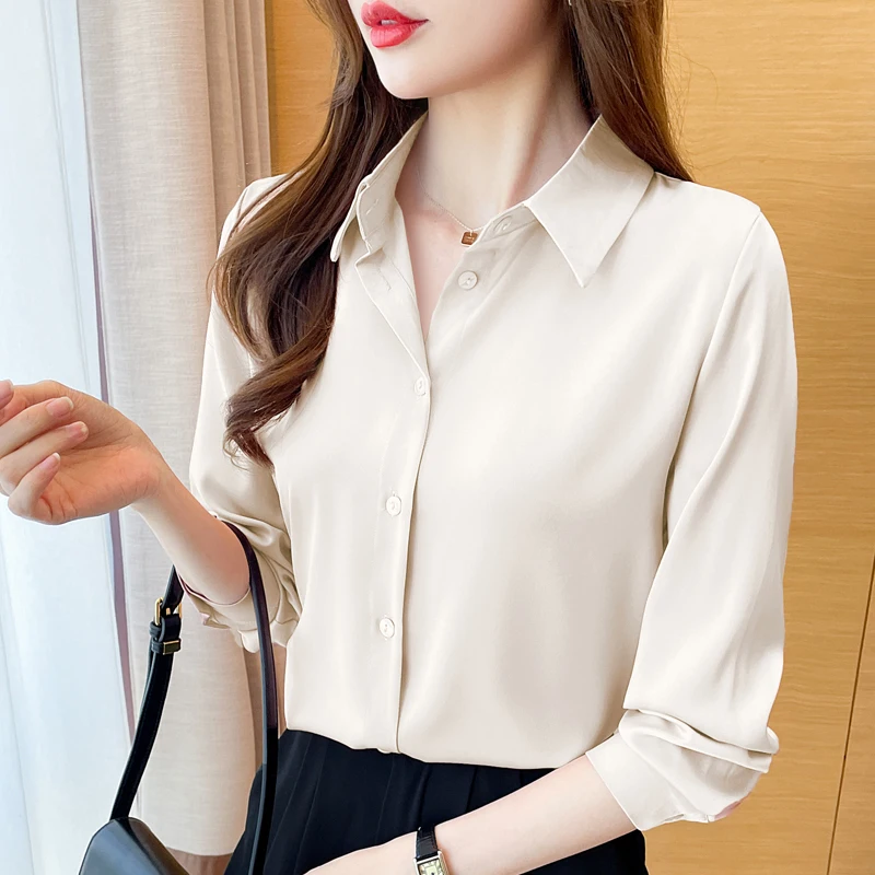 Women Spring Simplicity Loose Office Lady Satin Solid Color Polo-Neck Long Sleeve Shirts Women Clothes Casual All-match Tops