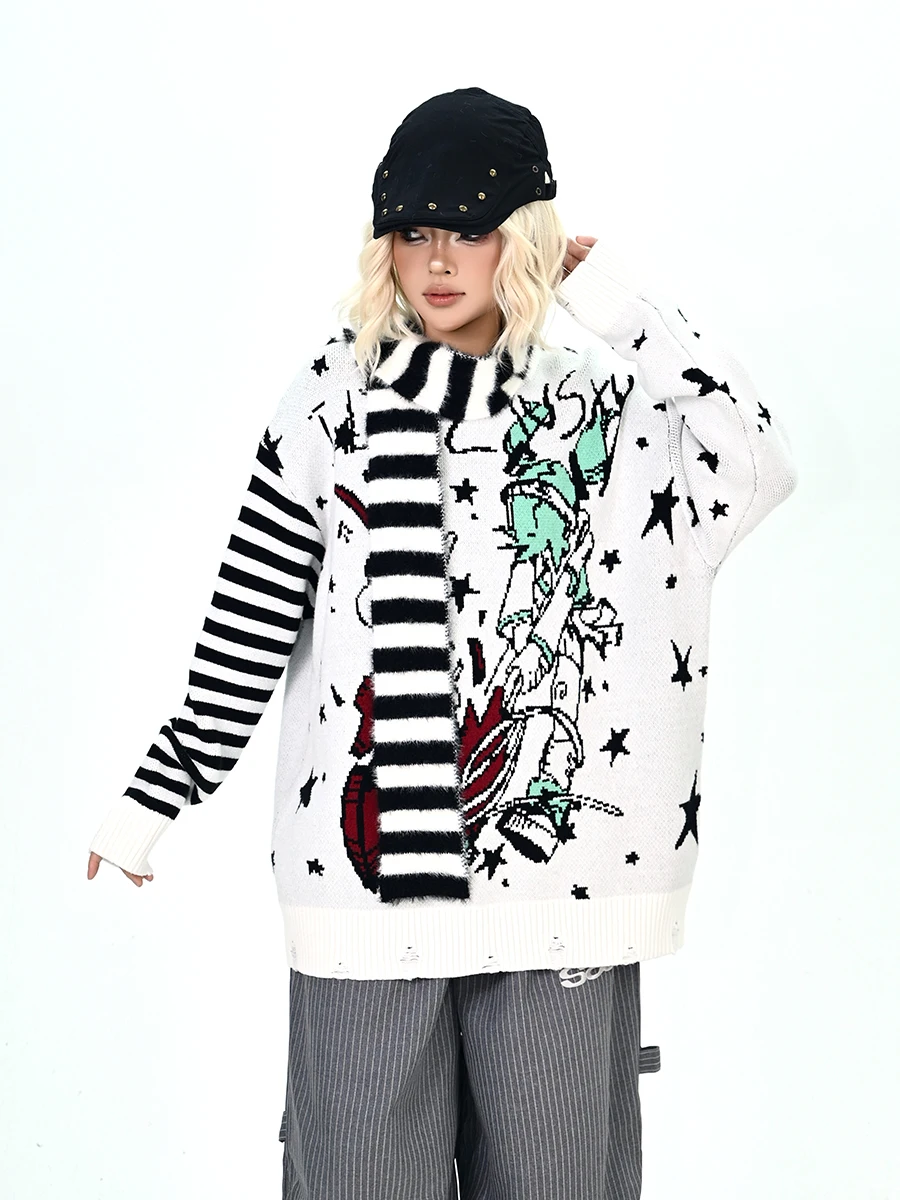 

Белый свободный свитер в стиле аниме для женщин, модный уличный стиль, вязаный, бренд PMFIVEE, из акриловой смеси, с длинными рукавами, стандартный крой