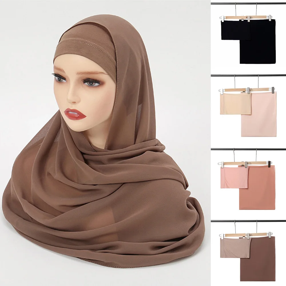 

Chiffon Muslim Hijab Sets Women Matching Color Muslim Hijabs For Woman Shawl Scarves Inner Hijab Caps Islamic Caps Underscarf