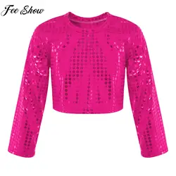 Teens Long Sleeve Shiny Sequin Fashion Crop Tops Tees School Party Jazz Hiphop Street Dance Stage Performance Costume Dancewear