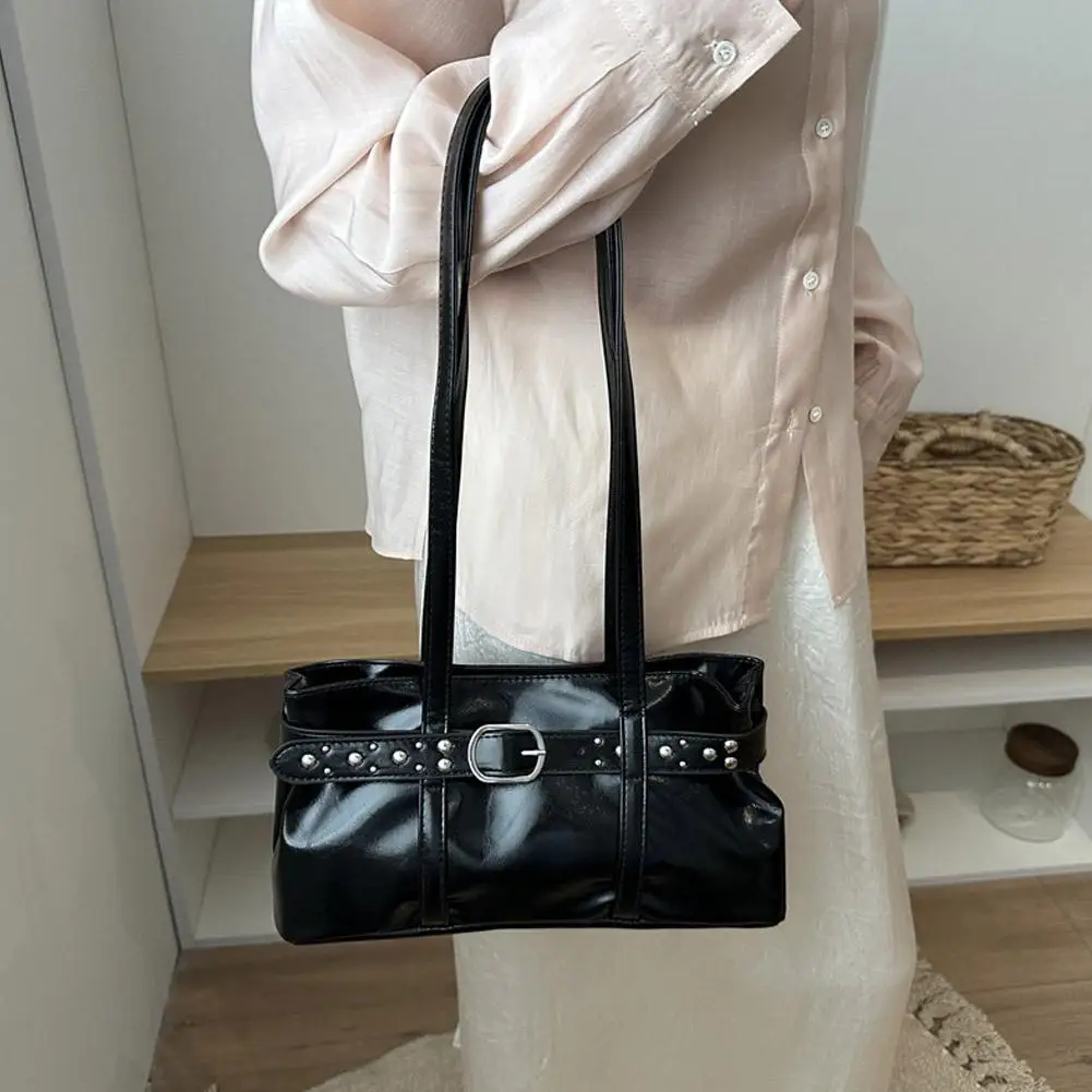Vintage Motorrad-Gürtelschnallen-Schultertasche für Damen, europäische Retro-PU-Leder-Unterarmtasche, modische Handtasche für Büro und Pendeln – Detail 21