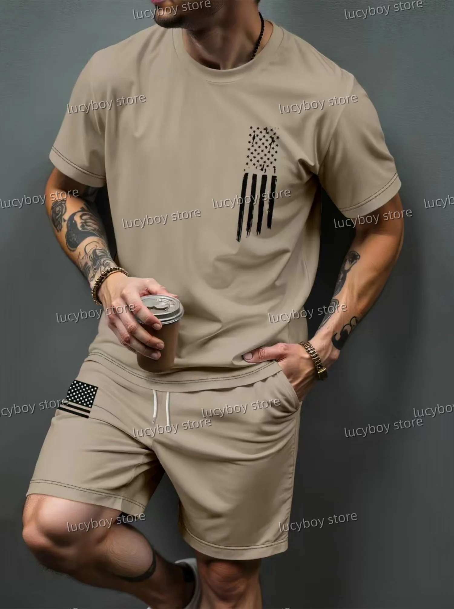Summer Men's Tracksuit 2 Pieces Set STRIPE Print Printed Casual Sport Wear T-Shirt Set Men's Tracksuit 2 Pieces Set Clothes